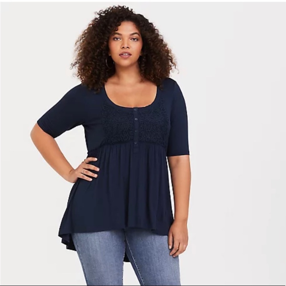 Torrid 3X Black Babydoll Super Soft Lace Henley Top